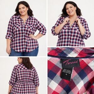 Torrid Size 4 Red Navy Plaid Cotton Button Up Plus Size‎ Repaired/Flawed